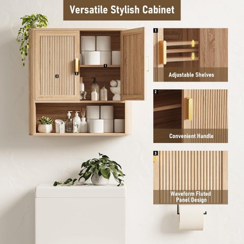 INNOD BATHROOM STORAGE CABINET, MEDICINE CABINET WITH ADJUSTABLE WOOD SHELF & DOORS - 24" X 23" - OAK (MODEL: YS-01-OAK) image 3