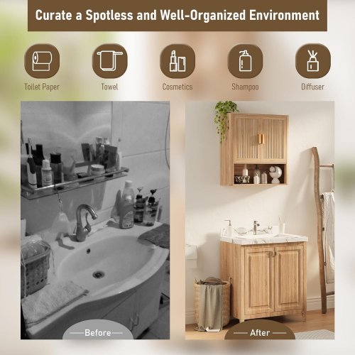 INNOD BATHROOM STORAGE CABINET, MEDICINE CABINET WITH ADJUSTABLE WOOD SHELF & DOORS - 24" X 23" - OAK (MODEL: YS-01-OAK) image 4