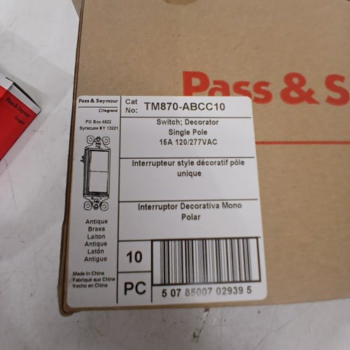 10PK LEGRAND PASS & SEYMOUR DECORATOR SINGLE POLE DECORATIVE SWITCH - 15A 120/277VAC - ANTIQUE BRASS (MODEL: TM870-ABCC10) image 2