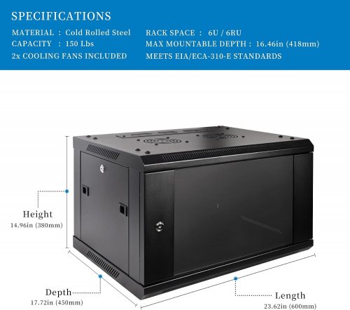 TRYGREALAB 6U PROFESSIONAL WALL MOUNT SERVER CABINET NETWORK RACK ENCLOSURE - 23.6" X 17.7" X 14.9" - BLACK image 2