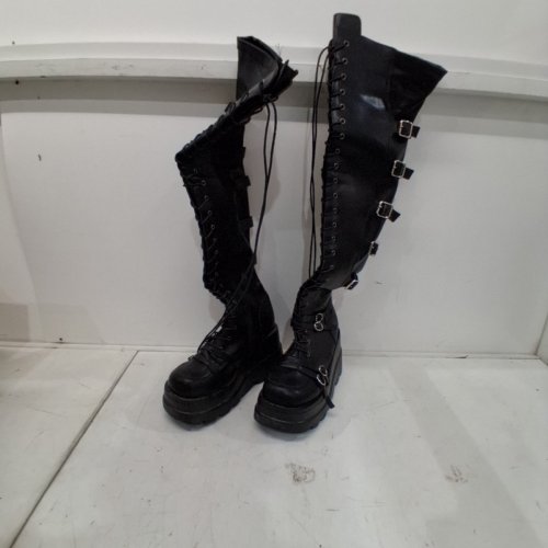 WOMEN'S KNEE-HIGH LACE-UP STRETCH PLATFORM BOOTS - 8 - BLACK image 2