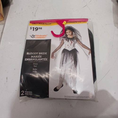 2PC GIRLS WAY TO CELEBRATE BLOODY BRIDE COSTUME DRESS, VEIL - LARGE (10-12) - WHITE/BLACK/RED image 2