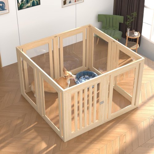 8 PANEL PUPPY DOG FENCED PLAYPEN WITH DOOR - 36.6" X 35.4" X 23.6" - TRANSPARENT CLEAR ACRYLIC / NATURAL WOOD image 2