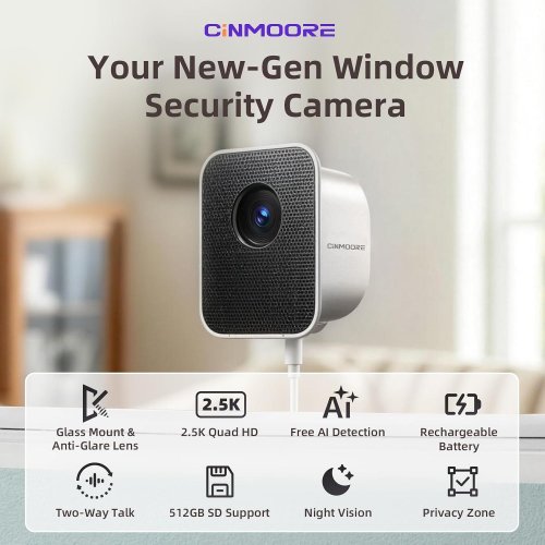 CINMOORE 5000MAH BATTERY NO-DRILL WIRELESS 2.5K WINDOW SECURITY CAMERA, COLOR NIGHT VISION 24/7 RECORDING - (MODEL: BC22EU) image 2