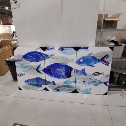 3PC FISH PARADE II STRETCHED CANVAS WITH HIGH-QUALITY FRAME - 96.5" X 48" - BLUE AND WHITE image 2