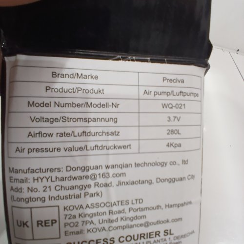 PRECIVA PORTABLE ELECTRIC BATTERY POWERED AIR PUMP - BLACK (MODEL: WQ-021) image 2