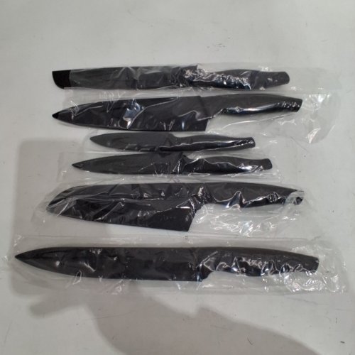 6PC HECEF BLACK OXIDE KNIFE SET WITH 3.5" PARING KNIFE, 5" UTILITY KNIFE, 7" SANTOKU KNIFE, 8" BREAD KNIFE, 8" SLICING KNIFE, AND 8" CHEF KNIFE - BLACK image 2