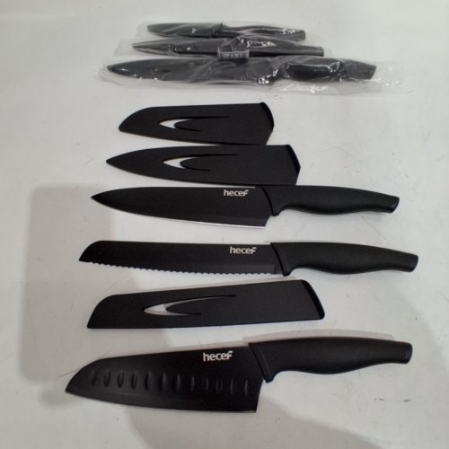 6PC HECEF BLACK OXIDE KNIFE SET WITH 3.5" PARING KNIFE, 5" UTILITY KNIFE, 7" SANTOKU KNIFE, 8" BREAD KNIFE, 8" SLICING KNIFE, AND 8" CHEF KNIFE - BLACK image 3