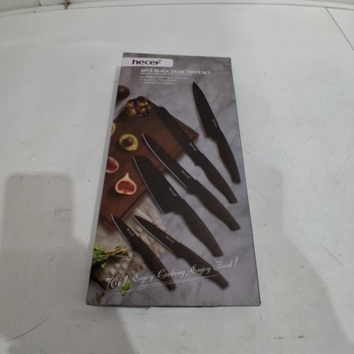 6PC HECEF BLACK OXIDE KNIFE SET WITH 3.5" PARING KNIFE, 5" UTILITY KNIFE, 7" SANTOKU KNIFE, 8" BREAD KNIFE, 8" SLICING KNIFE, AND 8" CHEF KNIFE - BLACK image 4