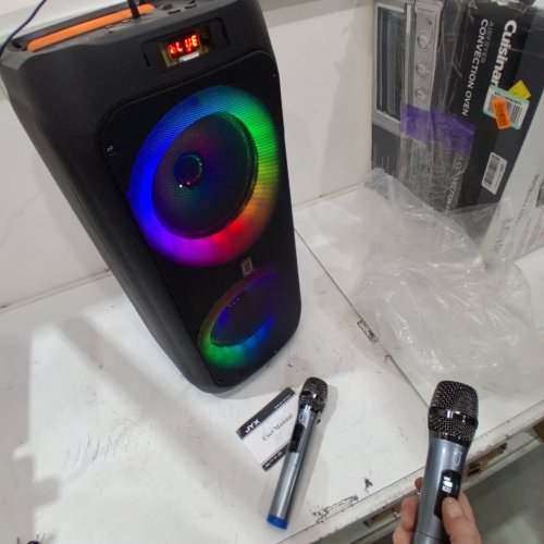 JYX PORTABLE SPEAKER & KARAOKE MACHINE WITH LED LIGHTS, 2 MICROPHONES, REMOTE CONTROL & BLUETOOTH CONNECTION - DUAL 8" SUBWOOFER - BLACK (MODEL: JYX-T9) image 2