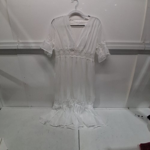 WOMENS V NECK PARTY MIDI FLOWY DRESS - MEDIUM - WHITE image 2