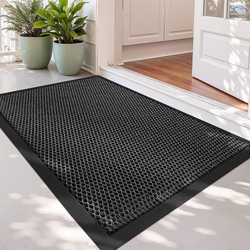 POIUNA WATERPROOF NON-SLIP OUTSIDE ENTRANCE FRONT DOOR HOLLOW DESIGN RUBBER FLOOR MAT - 36" X 24" - BLACK (MODEL: 724990895162) image 2