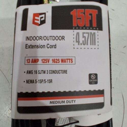 INDOOR/OUTDOOR MEDIUM DUTY EXTENSION CORD - 15FT, 13 AMP, 1625W - BLACK image 2