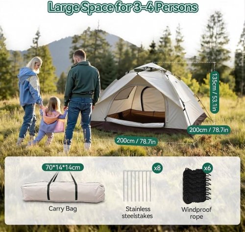 EASY SETUP WATERPROOF CAMPING TENT FOR 3-4 PERSONS WITH VENTILATION WINDOWS - TAN / BLACK image 2