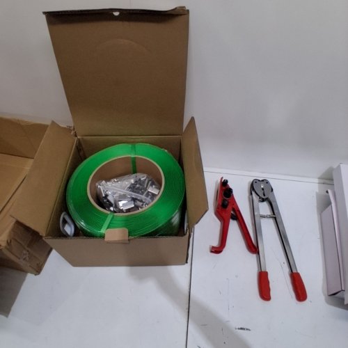 PALLET PACKAGING STRAPPING BANDING KIT WITH TENSIONER TOOL SEALER - ~1000FT+ - GREEN/ RED image 2