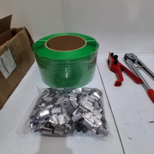 PALLET PACKAGING STRAPPING BANDING KIT WITH TENSIONER TOOL SEALER - ~1000FT+ - GREEN/ RED image 5