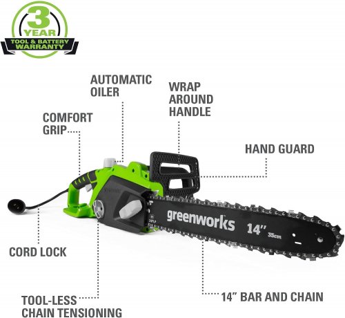 GREENWORKS CORDED ELECTRIC CHAINSAW - 10.5 AMP - 14" - BLACK/GREEN (MODEL: 20222) image 2
