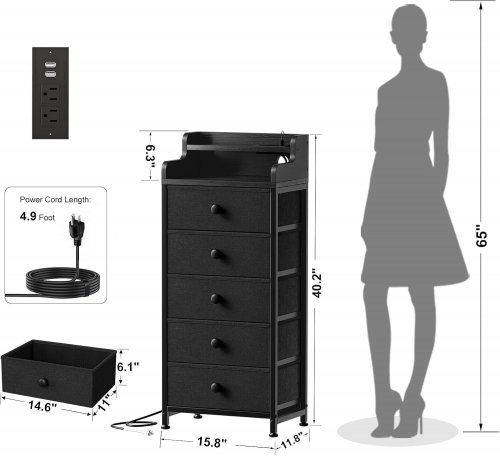 REAHOME 5-DRAWER FABRIC DRESSER WITH WITH CHARGING STATION - BLACK (MODEL: HD023HP-BFD) image 2