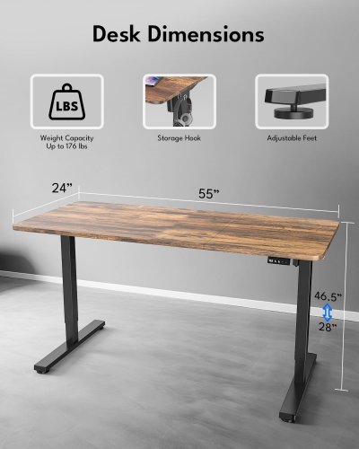 ELECTRIC STANDING DESK WITH HANGING HOOK - 55" X 24" - RUSTIC BROWN W/ BLACK LEGS - (MODEL: S24) image 2