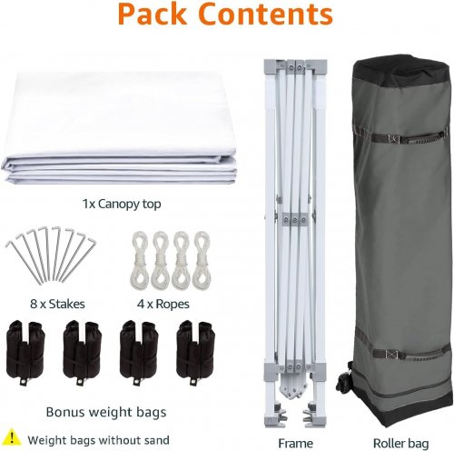 AMAZON BASICS OUTDOOR WATER-RESISTANT POP-UP CANOPY WITH STAKES / WEIGHT BAGS / ROPES & WHEELED CARRY BAG - 10FT X 10FT - WHITE image 2