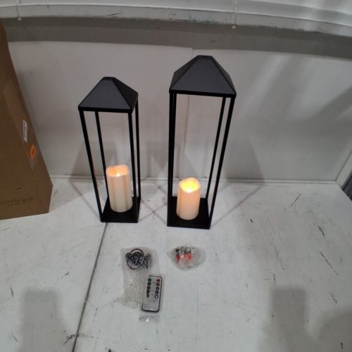 2PK PERFNIQUE DECORATIVE LANTERNS WITH LED TIMER FLAMELESS CANDLES - 19"/22" - BLACK image 3