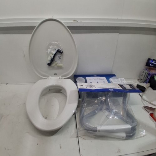 BEMIS ASSURANCE PERSONAL WASH BIDET WITH ELONGATED PLASTIC PREMIUM RAISED TOILET SEAT AND SUPPORT ARMS - 3" - WHITE (MODEL: E85320H20) image 2