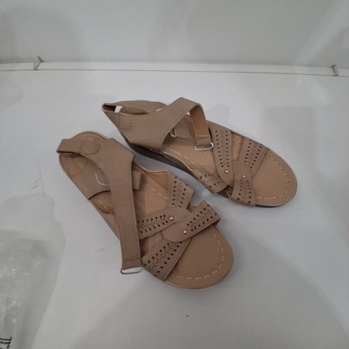 WOMEN'S EYELET PERFORATED ANKLE STRAP SANDALS - 10.5-11 - TAUPE image 2