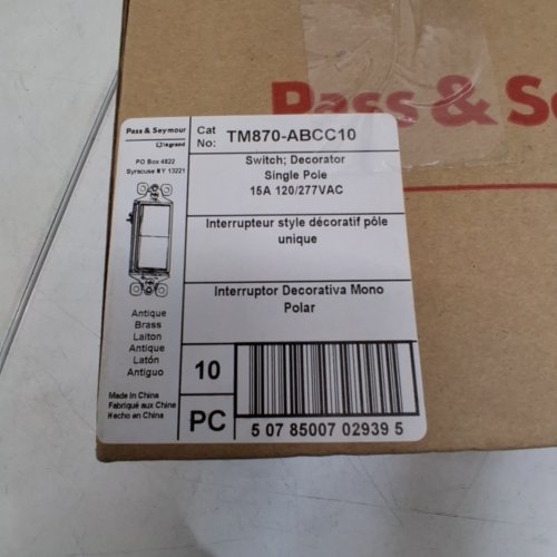 10PK LEGRAND PASS & SEYMOUR DECORATOR SINGLE POLE DECORATIVE SWITCH - 15A 120/277VAC - ANTIQUE BRASS (MODEL: TM870-ABCC10) image 6