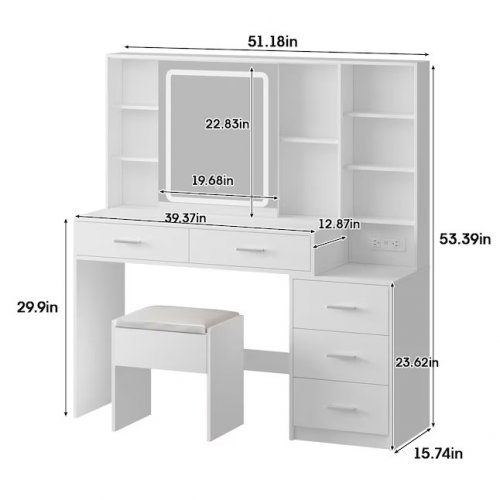 VABCHES MAKEUP VANITY DESK SET WITH STOOL CHARGING STATION - 51" - WHITE (MODEL: JY9985BS01C) image 2