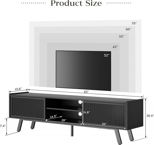 BUYTIME WOODEN TV STAND FOR UP TO 70" TVS WITH WICKER DOORS AND SHELVES - 63" - BLACK image 2