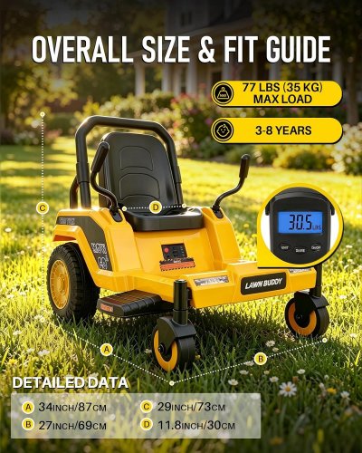 BLITZSHARK KID'S ZERO TURN TOY LAWN MOWER RIDE WITH REMOTE CONTROL - 12V, 3MPH, 77LBS MAX - YELLOW - (MODEL: P30-12V) image 3