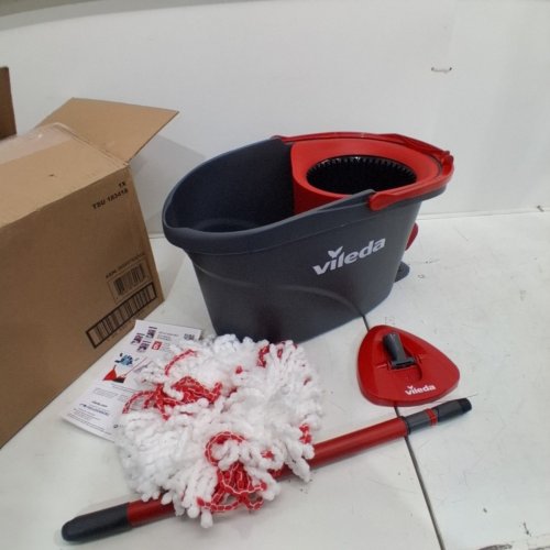 VILEDA EASY WRING POWER SPIN MOP AND BUCKED WITH 2 WASHABLE MOP HEADS- GREY/RED/WHITE image 2