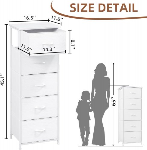 5-DRAWER CHEST TOWER WITH METAL FRAME - 45" X 16" - WHITE (MODEL: FD111) image 2