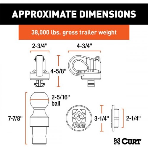 CURT FACTORY-STYLE GOOSENECK BALL AND SAFETY CHAIN ANCHOR KIT - PUCK SYSTEM COMPATIBLE WITH CHEVY, FORD, GMC, AND NISSAN- 38,000LBS - 2-5/16" BALL - SILVER/BLACK (MODEL: 60639) image 2