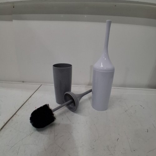 2 HOME TRENDS BATHROOM TOILET BOWL BRUSH AND HOLDER - 16" - WHITE AND GREY image 2