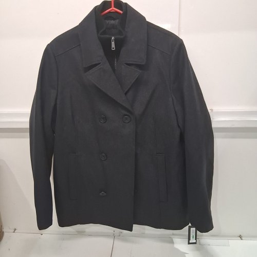 MEN'S KENNETH COLE DOUBLE BREASTED WOOL BLEND PEACOAT WITH BIB COAT - LARGE - BLACK (STYLE: 440NB304) image 2
