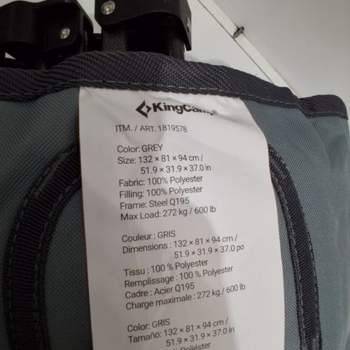 KINGCAMP OVERSIZED PADDED DOUBLE CAMPING CHAIR - UP TO 600LB - GREY (MODEL: 1819578) image 4