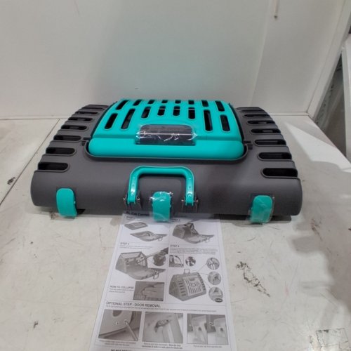 SPORTPET DESIGNS EXTRA LARGE CAT CARRIER PLASTIC KENNEL, FOLDABLE - GREY/CYAN image 2