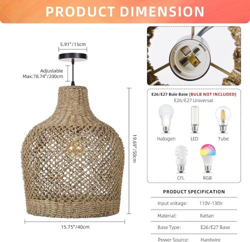 ARTURESTHOME HANDWOVEN PENDANT LIGHT RATTAN CHANDELIER BOHO COASTAL PENDANT LIGHT - 19" X 15" - BROWN image 2