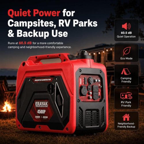 ERAYAK PORTABLE INVERTER GENERATOR FOR EMERGENCY POWER BACKUP - 4500W - RED (MODEL: 4500P) image 4