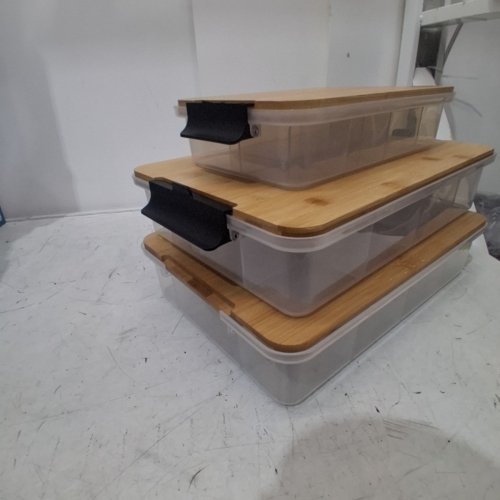 3PC - SABATIER SNACKLEBOX SET WITH BAMBOO CUTTING BOARD LID - 1 SMALL 7.8" X 12.7" - 2 LARGE 11" X 16" - CLEAR / NATURAL BROWN (MODEL: SAB2PCSNACKBBAM/2906063) image 5