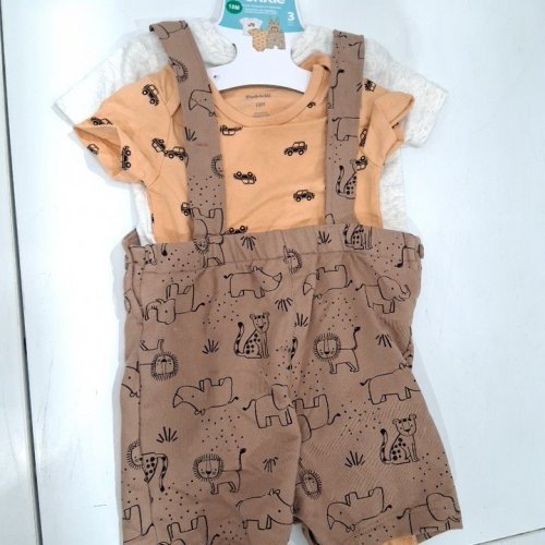 3PC KID'S PEKKLE SHIRT, OVERALLS AND ONESIE CLOTHING SET - 18M - TAN/BROWN/WHITE (STYLE: 1676563) image 2