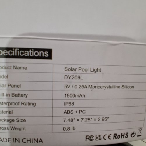 SOLAR POOL LIGHT - 5V - 1800MAH - WHITE (MODEL: DY209L) image 2