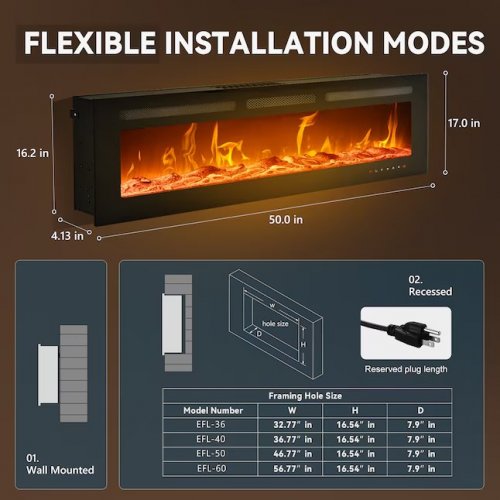 EUHOMY WALL-MOUNTED RECESSED ELECTRIC FIREPLACE WITH REMOTE CONTROL, ADJUSTABLE FLAME, TOUCHSCREEN, LOG AND CRYSTALS - 50" - BLACK (MODEL: EF002-40BL-CAZX) image 2