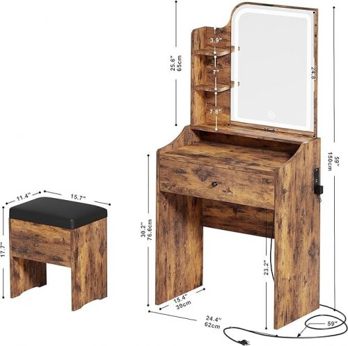 2PC LIKIMIO SMALL MAKEUP VANITY DESK WITH MIRROR, LIGHTS AND CHAIR - RUSTIC BROWN (MODEL:HK-JC3-09) image 2