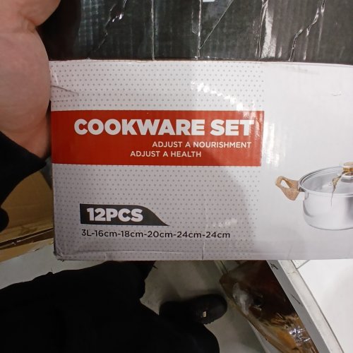 10PC UNBRANDED STAINLESS STEEL COOKWARE SET - BROWN/WOOD GRAIN HANDLES image 2