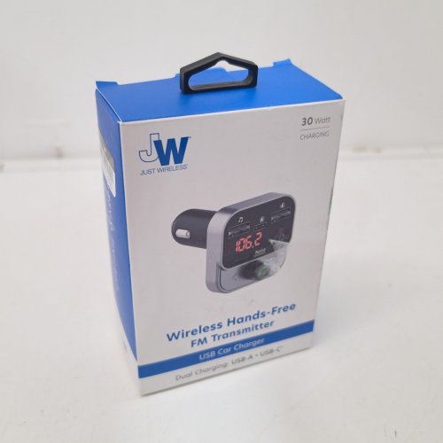 JUST WIRELESS CAR BLUETOOTH FM TRANSMITTER WITH USB-C AND USB-A PORTS - 30W - SILVER/BLACK (MODEL: 20088) image 3