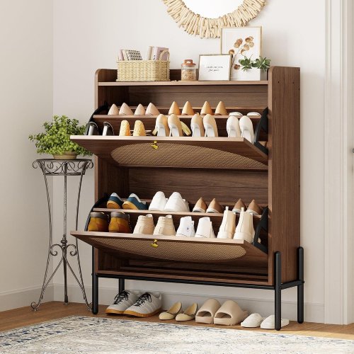 IRONCK RATTAN SHOE CABINET STORAGE WITH 2 FLIP DRAWERS - 31.5" X 9.3" X 39.2" - WALNUT BROWN (MODEL: HK-XG-E05HT) image 2