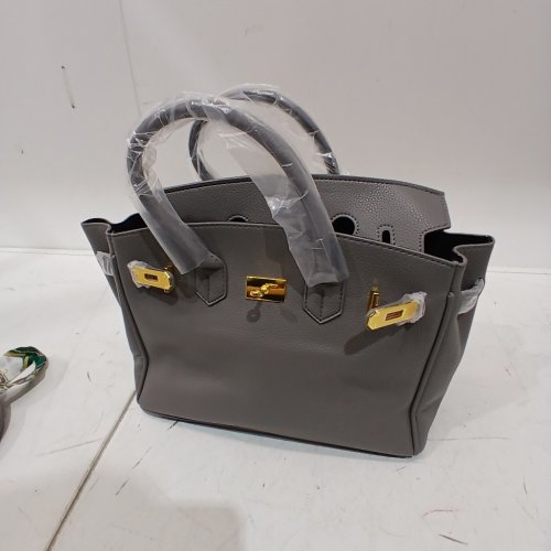 WOMENS SHOULDER CROSS BODY LEATHER PURSE - 12" - GREY/GOLD image 2