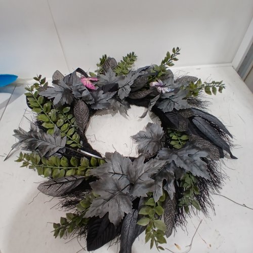 ARTIFICIAL FALL FLORAL WREATH - 21" - BLACK AND GRAY WITH GREEN ACCENTS image 2